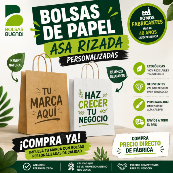 Bolsas de papel personalizadas asa rizada kraft y blancas impresas | fábrica de bolsas de papel