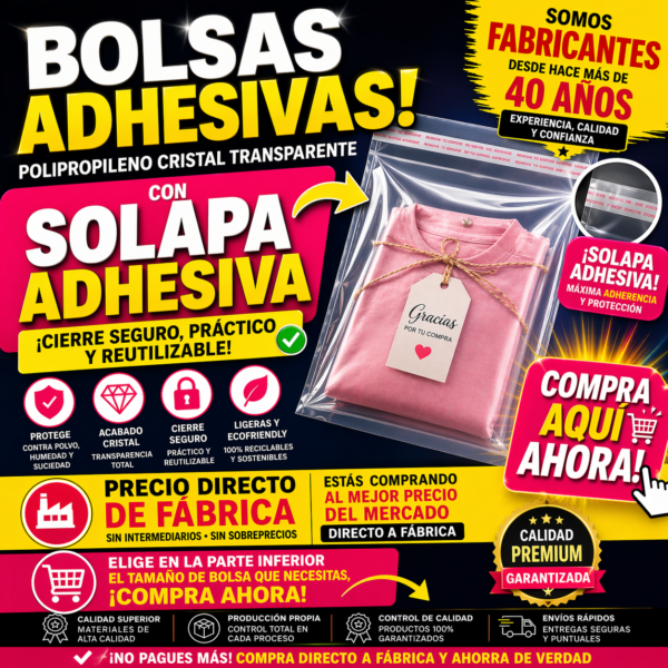 bolsas cristal con solapa adhesiva transparentes de polipropileno, bolsas adhesivas de alta calidad fábrica de bolsas
