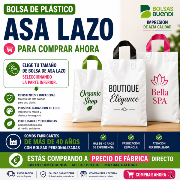 Bolsas de plástico asa de lazo personalizadas con logo, bolsas impresas de alta calidad fabricadas directamente por fábrica de bolsas en España