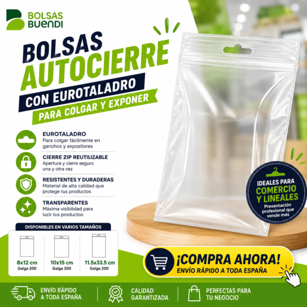 Bolsas con autocierre y eurotaladro transparentes para colgar productos en expositores | Fábrica de bolsas de plástico