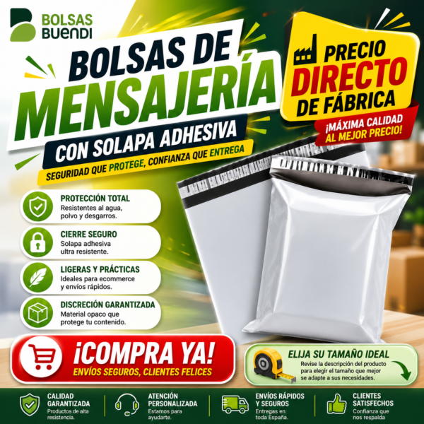 Bolsas de plástico para mensajería con solapa adhesiva, ideales para ecommerce, envíos seguros y transporte de productos. Bolsas courier resistentes fabricadas por Bolsas Buendi.