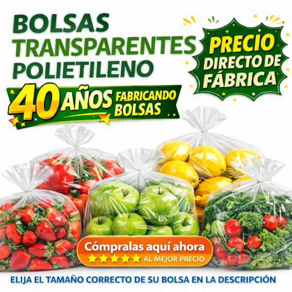 Bolsas de plástico transparentes de polietileno para fruta y verdura fabricadas por una fábrica de bolsas con más de 40 años de experiencia.