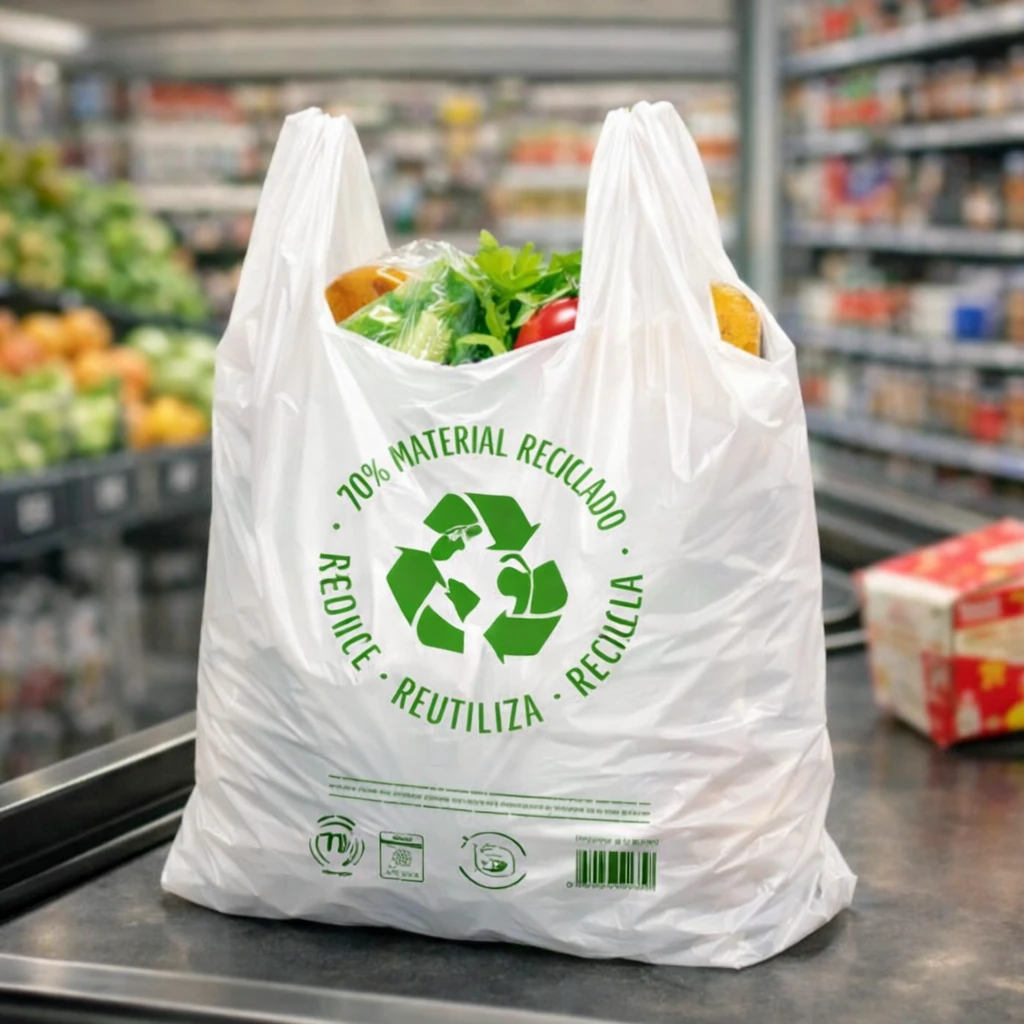 bolsa de plástico asa camiseta en supermercado con productos de alimentación