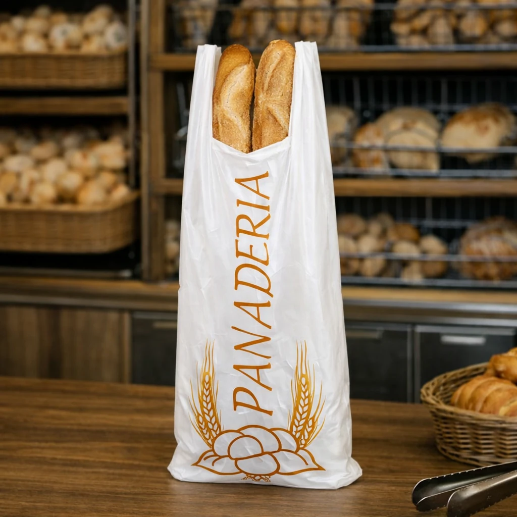 bolsas de plástico asa camiseta 30x60 para panadería con barras de pan