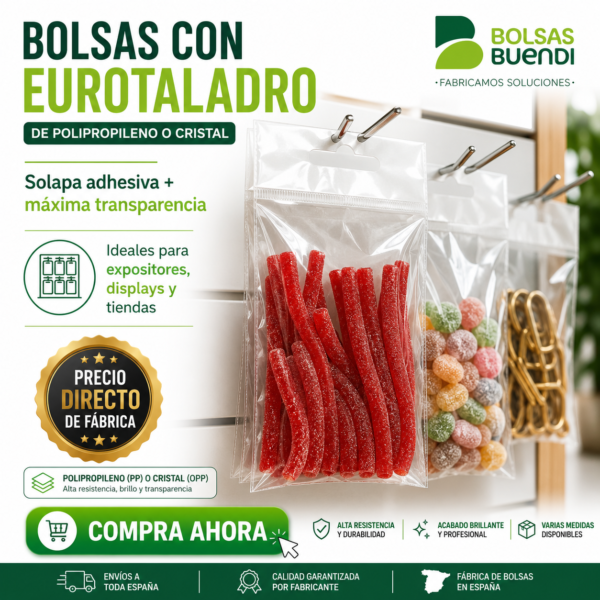 Bolsas de polipropileno transparentes con solapa adhesiva y eurotaladro para expositores, displays y tiendas, fabricadas por Bolsas Buendi.