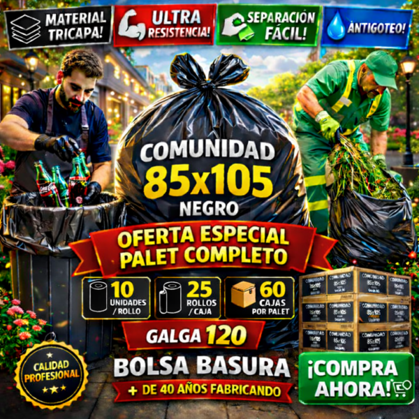 Bolsa de basura negra 85x105 industrial de alta resistencia para hostelería y comunidades