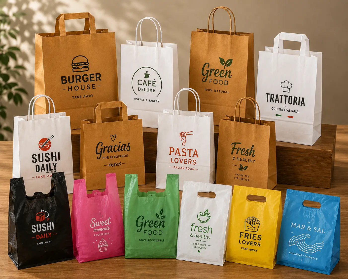Bolsas de papel y plástico personalizadas para restaurantes takeaway y delivery