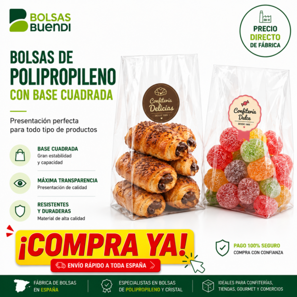 Bolsas de polipropileno transparentes con base cuadrada para confitería, tiendas gourmet y comercios, ideales para presentar croasanes con chocolate y dulces.