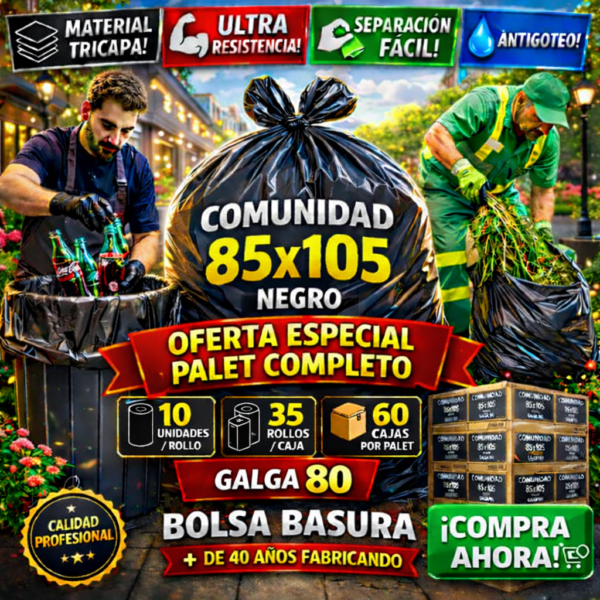 Bolsas de basura negra comunidad 85x105 galga 80 con 10 unidades por rollo y 35 rollos por caja